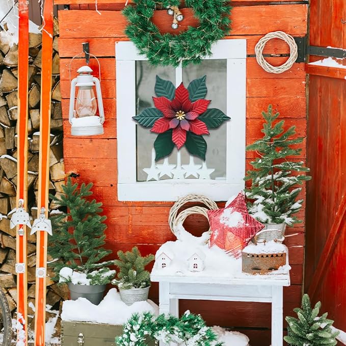 YEAHOME Chrismas Wall Decorations Indoor - 11 inch Metal Flower Wall Art Decor, Poinsettia Yard Garden Decor Hanging for Kitchen, Bathroom, Bedroom, Handmade Gift for Home, Indoor or Outdoor