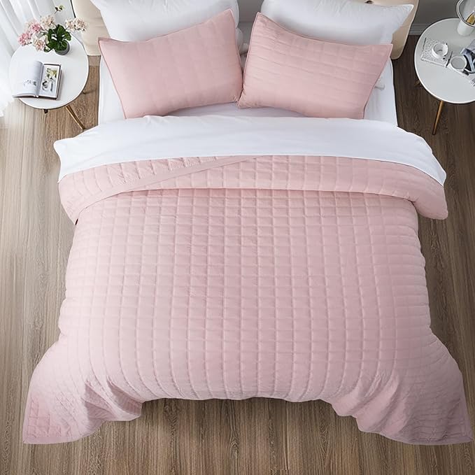 KASENTEX Queen Quilt Set 90"x90" – Soft Washed 3-Layer Lightweight Bedspread, Minimalist Nordic Design, All-Season Spring & Summer Quilt Set (1 Quilt + 2 Pillow Shams), Blush Pink