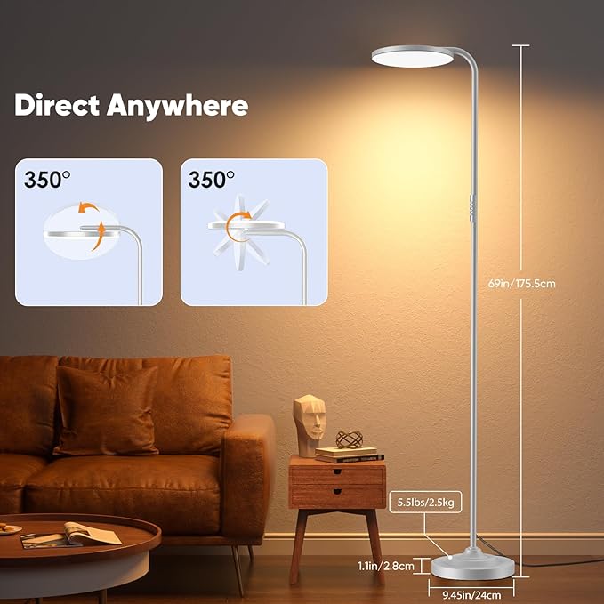 36W LED Floor Lamp, Upgrade Super Bright Standing Lamp, Modern Stepless Dimmable Torchiere Tall Lamp with Remote Control, 350°Rotating Head Reading Floor Lamp for Living Room, Bedroom, Office