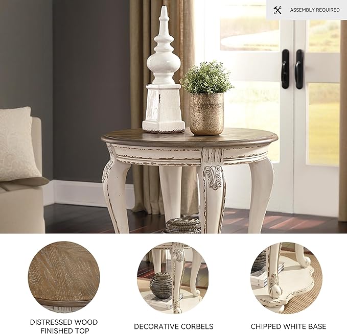 Signature Design by Ashley Realyn Cottage Style Round End Table, Fixed Lower Shelf, Antiqued 2-tone, Finish, Wood, 26" W x 26" D x 25.88" H, White and Brown