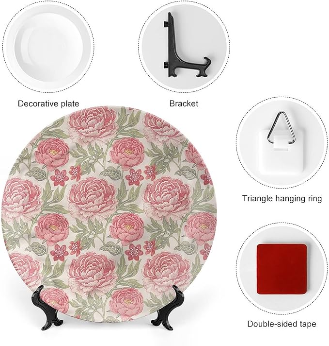 10 Inch Decorative Plate, Victorian Ceramic Plate, Romantic Peonies Botany Print Ornament Display Plate for Dining Table Setting, Wedding Reception Decorations, Christmas Tablescape, Muticolor