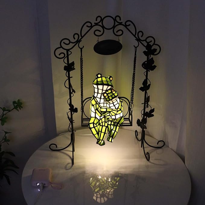 Bieye L12001 Frogs on a Swing Tiffany Style Stained Glass Accent Table Lamp for Home Décor