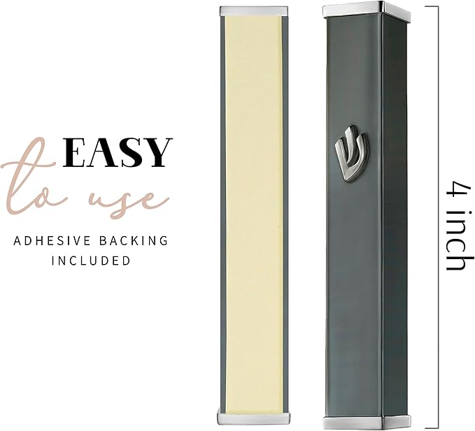 SURI Small Mezuzahs – 3.8 Inch Gray Aluminum Jewish Door Mezuza Cover with Printed Scroll Set, Contemporary Shin Design, Fits a 3 Inch Scroll, Self-Stick Adhesive, Gift Box Included