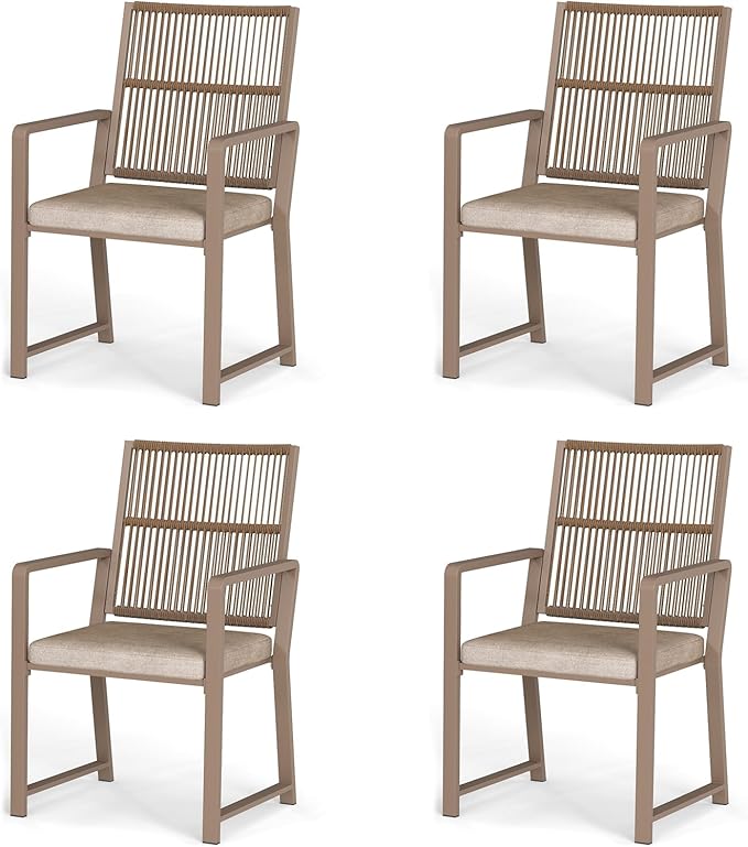 Aluminum Outdoor Patio Dining Chairs - Imitation Rope Vine Chair Ergonomic Backrest Design Detachable Seat Cushion Soft and Breathable Garden Porch, Light Brown Set of 4