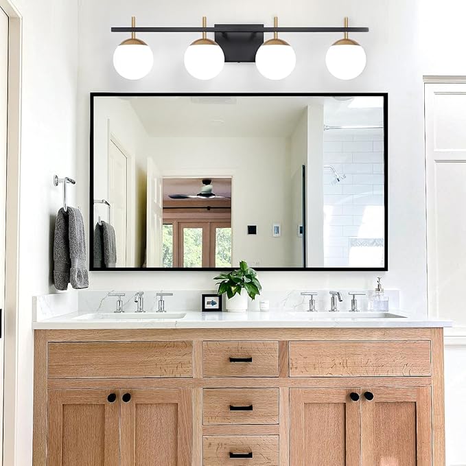 4-Light Modern Vanity Light for Bathroom, Black and Gold Bathroom Lighting Fixtures Over Mirror, White Frosted Glass Vanity Lights Globe Wall Lamp Sconces for Hallway Stairway Living Room