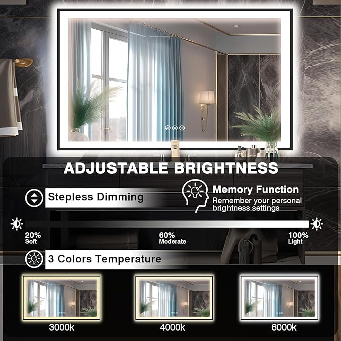 60x40 LED Mirror for Bathroom - Matte Black Framed (Front and Backlit), Anti-Fog Stepless 3 Colors Dimmable Lit Smart Vanity Mirror with Lights(Horizontal/Vertical)