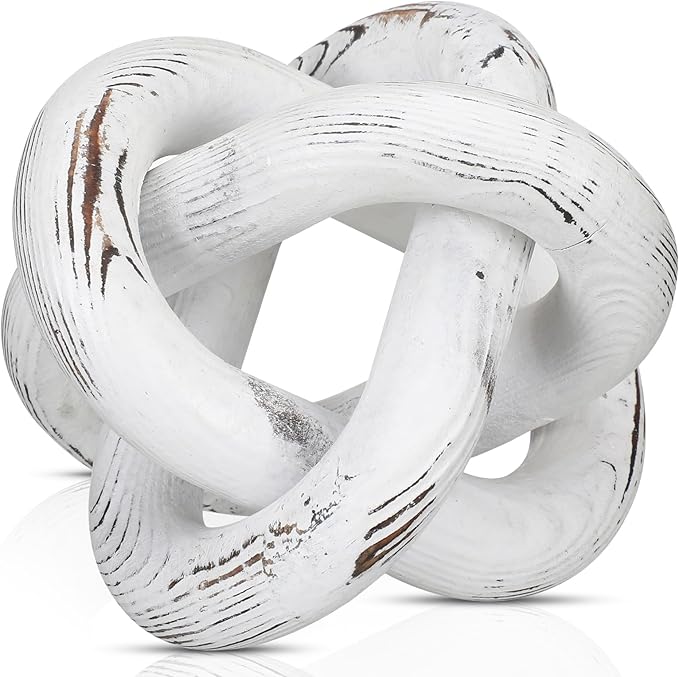 3 Link Wood Knot Decor Rustic Home Décor Accents Hand Carved Coffee Table Decoration, Boho Chain Link Decoration, Modern Shelf, Rustic Objects for Home Living Room Bedroom(Retro White)
