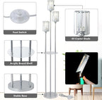 HMVPL Crystal Floor Lamps for Living Room, Modern Floor Lamp with Shelves, 3-Lights Standing Lamp with Crystal Shade, On/Off Foot Switch, Silver Corner Floor Lamp for Bedroom Living Room Office(66")