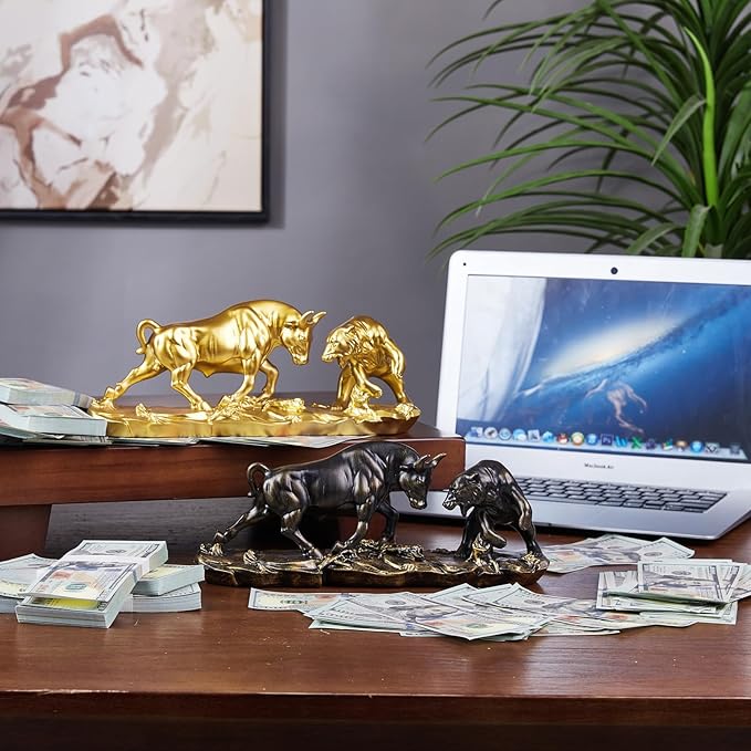 AETVRNI Wall Street Bull Statue Sculpture Stock Market Charging Bull Animal Figurine - Resin Sculpture of Bull VS Bear Ideal Gifts for Financial Investment Managers Investor,Bronze,11in