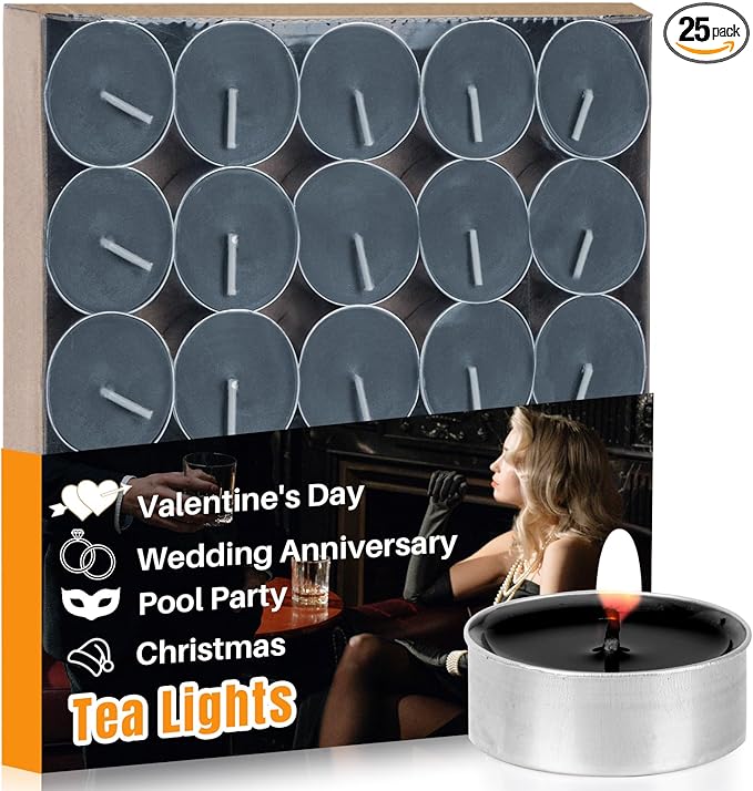 MAQIHAN Black Tealight Candles Bulk - Mini Votive Tea Tree Lights Tea Lights Candles with Cotton Wick for Home,Pool,Shabbat,Wedding,Emergencies,Christmas 25PCS
