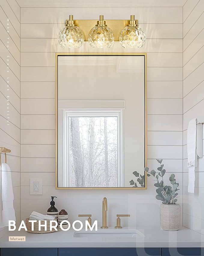 Bathroom Light Fixtures Over Mirror, 3-Light Brushed Gold Vanity Light with Clear Hammered Glass Globe Shade, Modern Sconces Wall Lighting Bedroom Hallway, VL200-BG-3