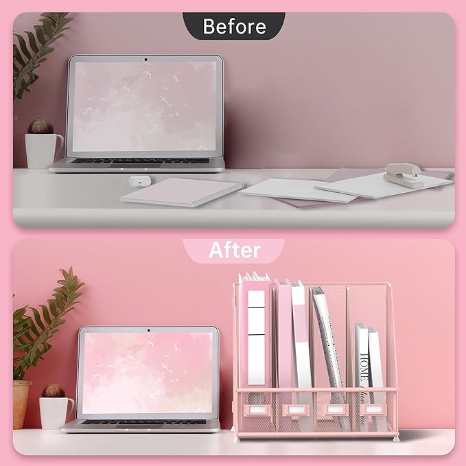 SUPEASY Magazine File Holder Desk Organizer, Metal Binder Holder with 4 Vertical Compartments for Office Home School, Pink
