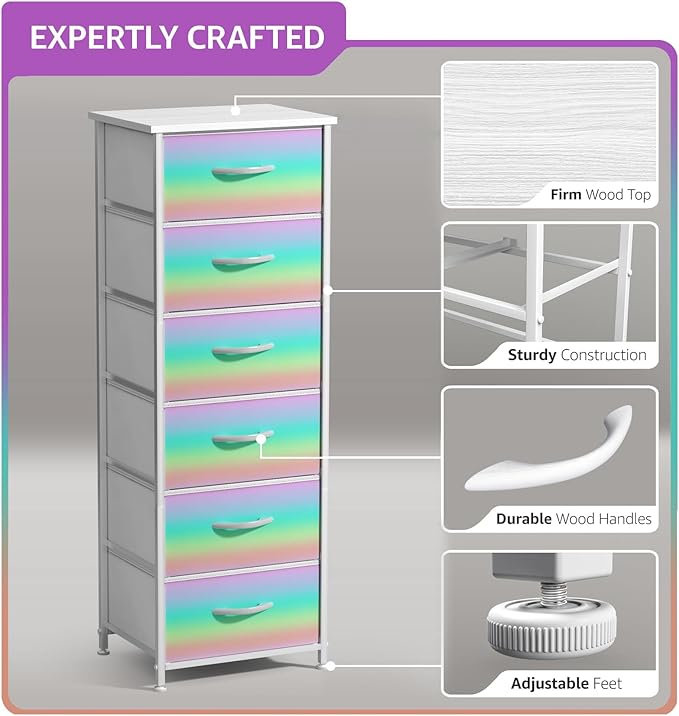 Sorbus Kids Dresser with 6 Drawers - Storage Chest Organizer Nightstand - Steel Frame, Wood Top, Tie-Dye Fabric Bins for Clothes - Wide Furniture for Bedroom, Hallway, Nursery, Closet, & Apartment