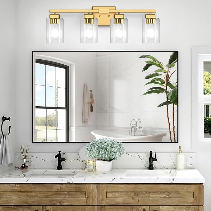 Bathroom Vanity Light, 27" 4-Light Modern Matte Gold Wall Sconce Lighting with Clear Glass Shade, Gold Wall Lights,Bath Vintage Wall Mounted Lamps for Mirror Bedroom Living Room