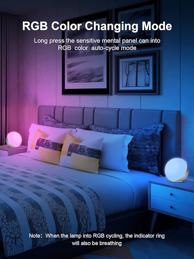 EASEMO Table Lamp Ambient Lighting for Bedroom, Bedside Lamp, LED Touch Lamp with Charger, Desk Lamp Dimmable Bedside Nightstand Night Lamp with RGB Multicolor for Kids Room (Red, Green, Blue)