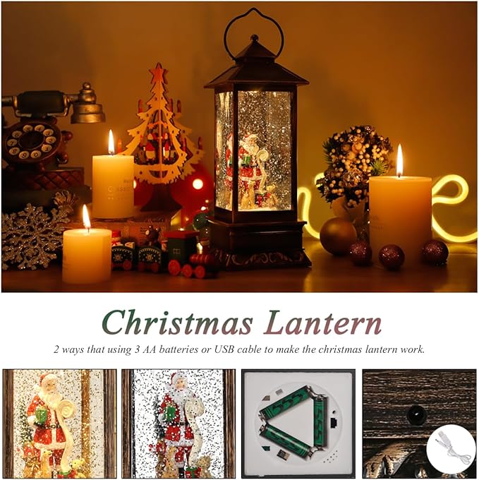 Christmas Snow Globe Lantern Crystal Glitter Lantern Features 8 Songs and 6-Hour Timer Function Ideal for Holiday Decorations and Gifts USB and Battery-Powered Snow Globe (Santa Claus)