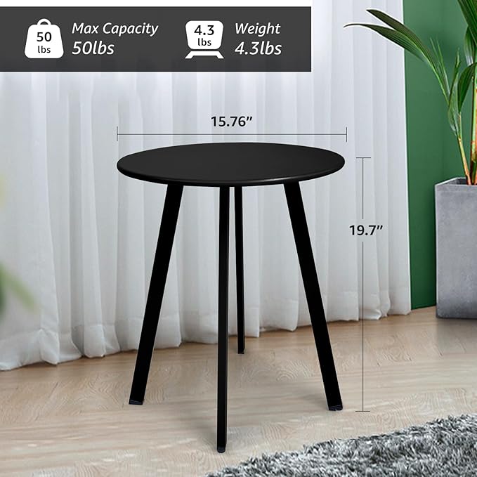 Outdoor Side Table, Weather Resistant Patio Small Side Table Outdoor Indoor Round Metal Steel Small Table, Waterproof End Table for Garden Balcony Yard, Black