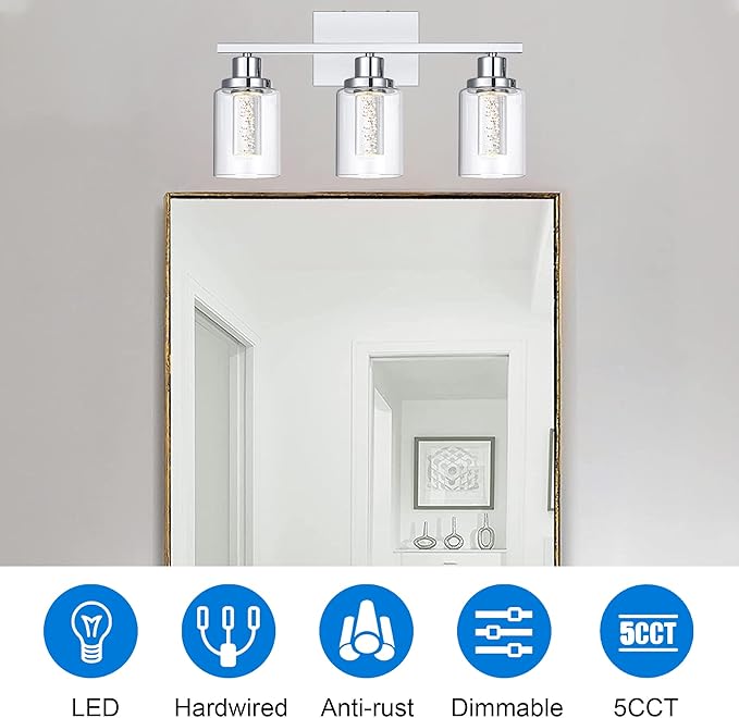 MELUCEE 5 Color Dimmable Vanity Lights 3 Light LED Bathroom Light Fixtures Chrome Bathroom Lights Over Mirror Wall Light Fixtures with Crystal Bubble Clear Glass Shade, Built-in LED Chips