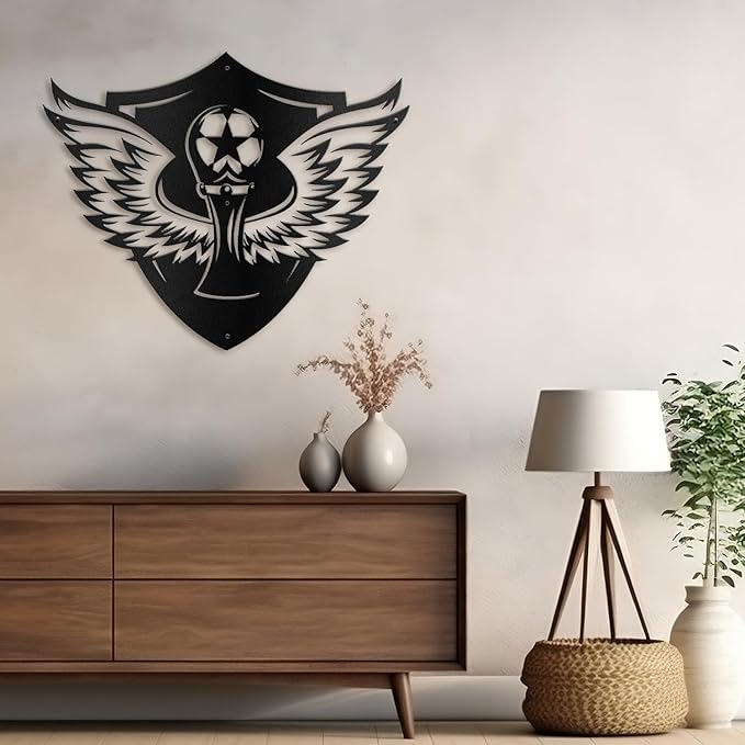 SIGNLEADER Metal Wall Art Decor - Soccer Trophy with Wings Minimalist Modern Abstract Wall Sculpture Hanging Home Decoration for Living Room, Bedroom, Bathroom, Kitchen, Studio, Outdoor - 36" Black