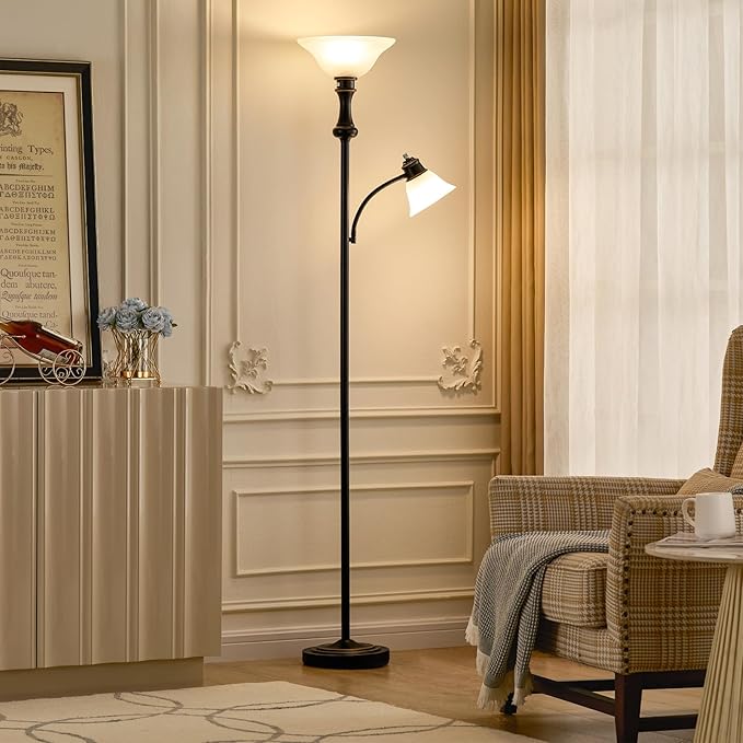 71'' Torchiere Floor Lamps for Living Room, Tall Floor Lamp for Bedroom with Adjustable Angle Arc Reading lamp, Modern Standing lamp with Glass Shade, Knob Switch, Bulb Included, Black