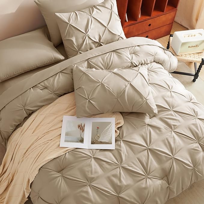 CozyLux Full Size Comforter Sets Khaki, 7 Pieces Pintuck Bed in A Bag Khaki Comforter Full Size, Pinch Pleat Bedding Sets with All Season Comforter, Sheets, Pillowcases & Shams