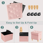 CAROLMADE Folding Storage Ottoman Cube Velvet Footstool with Wood Legs Ottoman Footrest for Living Room and Bedroom Pink, 15"x12.6"x15.4"