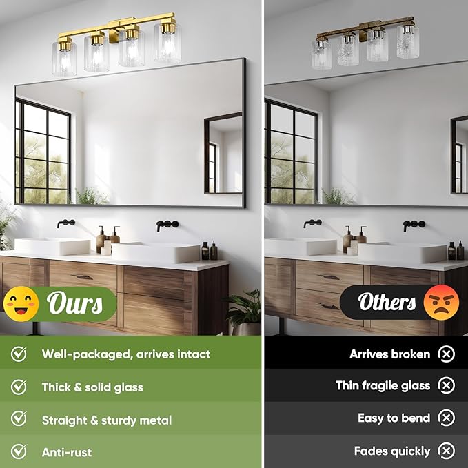 Bathroom Vanity Light, 27" 4-Light Modern Matte Gold Wall Sconce Lighting with Clear Glass Shade, Gold Wall Lights,Bath Vintage Wall Mounted Lamps for Mirror Bedroom Living Room