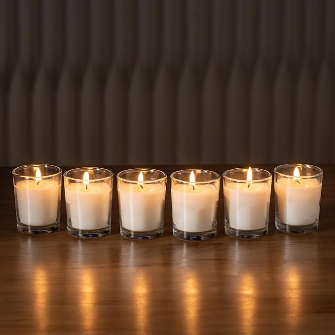 Housecret 60 Pack Warm White Unscented Clear Glass Filled Votive Candles. Hand Poured Wax Candle Ideal Gifts for Aromatherapy Spa Weddings Birthdays Holidays Party