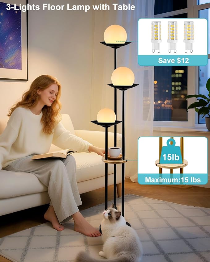 Lightdot Globe Floor Lamp with Shelf 3-Lights Modern Dimmable Floor Lamps for Wedding/Party, 3000K Warm White Bulbs Included, Black Tall Standing Lamp for Living Room/Bedroom/Sofa Beside/Corner Decor
