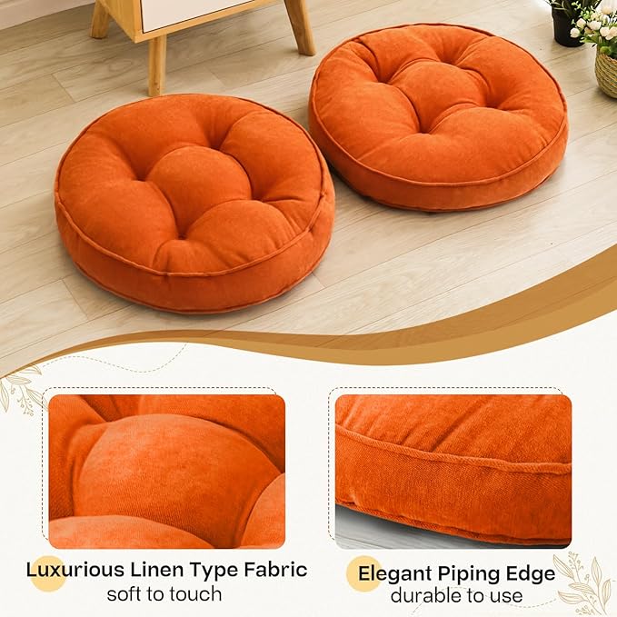 Floor Pillow Set of 2, Memory Foam Floor Cushions for Adults, Large Meditation Pillow for Sitting, 22 x 22 Inches (Round | Orange)