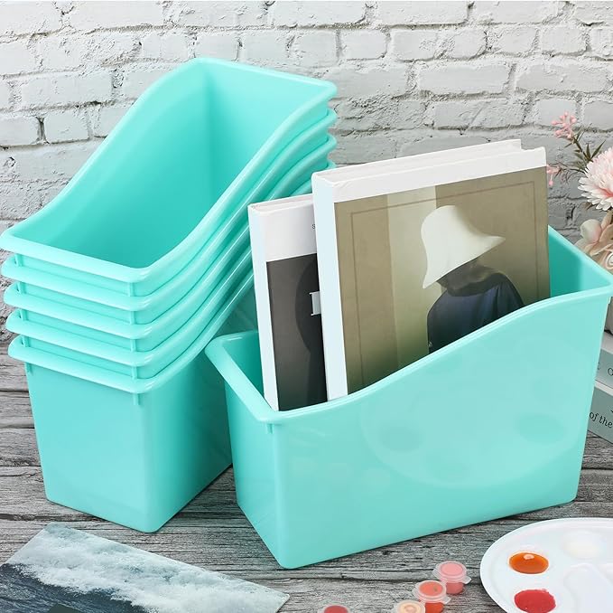 Fuutreo 12 Pieces Book Bins for Classroom Plastic Binder Holder Magazine Stuff Folder File Organizer Box for Home Office School Supplies(12 pcs,Water Blue)