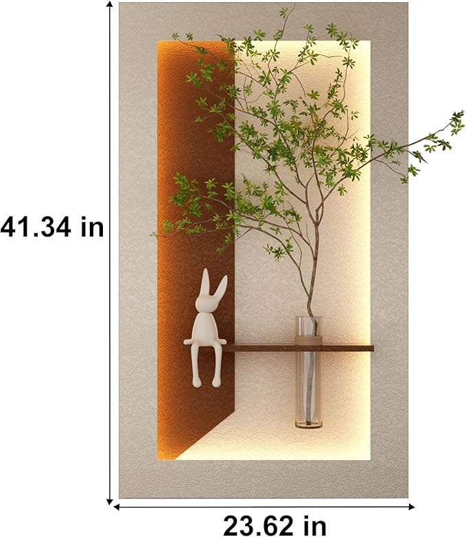 LED Sandstone Wall Decor, 3D Wall Art Sculpture, Simulated Green Plants, Glass Vase & Rabbit Statue, 3 Color Remote Control Light, for Living Room, Bedroom, Hallway(Light Coffee,41.4 * 23.6in)
