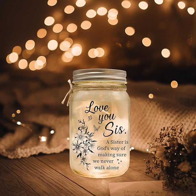 A Sister Is God's Way We Never Walk Alone Lighting – Birthday Gift for Sister – Mason Jar With Lights Gift Ideas With Sentimental Quote – Big or Little Sisters Present – Thoughtful Gifts for Sisters