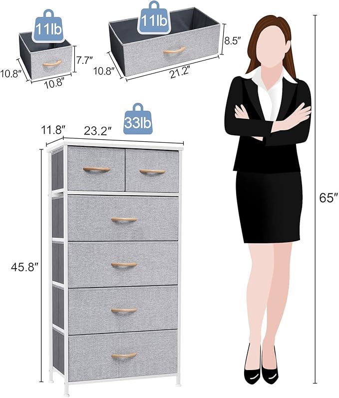 Crestlive Products Vertical Dresser Storage Tower - Sturdy Steel Frame, Wood Top, Easy Pull Fabric Bins, Wood Handles - Organizer Unit for Bedroom, Hallway, Entryway, Closets - 6 Drawers (Light Grey)