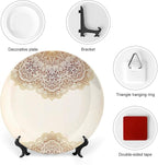 XISUNYA 6 Inch Decorative Plate, Victorian Round Porcelain, Artistic Oriental Vintage Henna Style Mandala Print Ceramic Wall Hanging for Home & Office Wall Hanging Decor, Beige