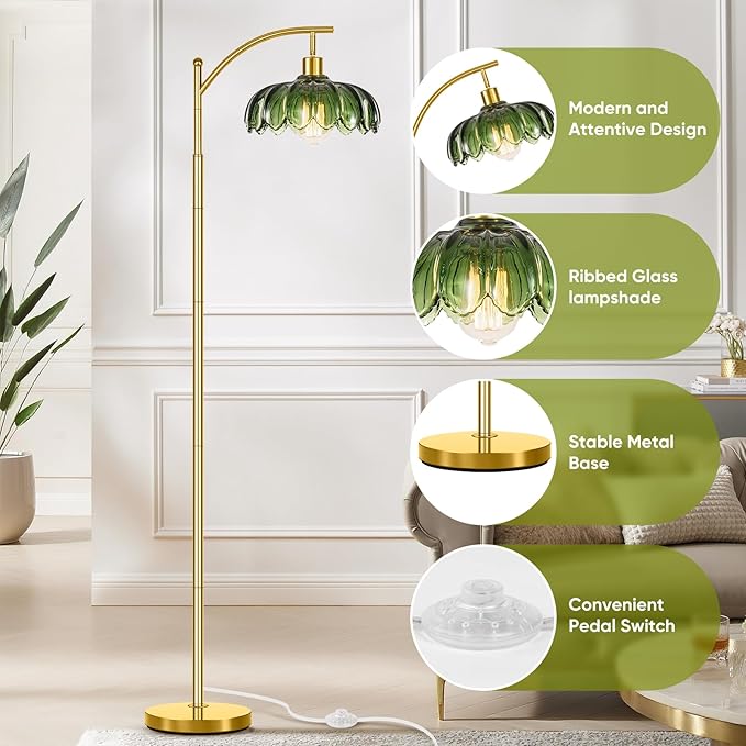 Gold Floor Lamp for Living Room,Unique Vintage Standing Tall Lamp,Mid Century Modern Floor Lamps Arc Green Glass Floor Lamps for Office Corner