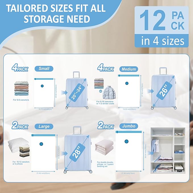 12 Pack Travel Vacuum Storage Bags with Rechargeable Wireless Electric Pump for Luggage, Suitcase, Carry-on Size Vacuum Seal Compression Space Saver Bags for Clothes and Clothing Travel
