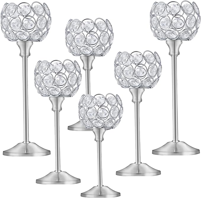 Crystal Metal Tealight Candlestick, Bling Bowl Candelabras, Tall Crystal Candle Holders Elegant Candle Centerpiece for Dining Table Wedding Home Mantel Decor (Silver, 2 Sets(6 Pcs))