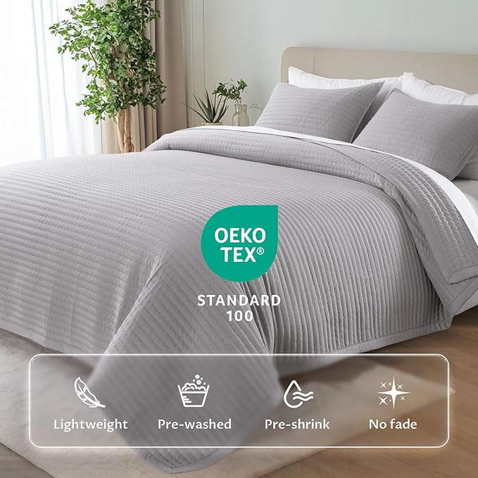 KASENTEX Oversized Queen Quilt Set 102"x106" – Soft Washed 3-Layer Lightweight Bedspread, Minimalist Nordic Design, All-Season Spring & Summer Quilt Set (1 Quilt + 2 Pillow Shams), Gull