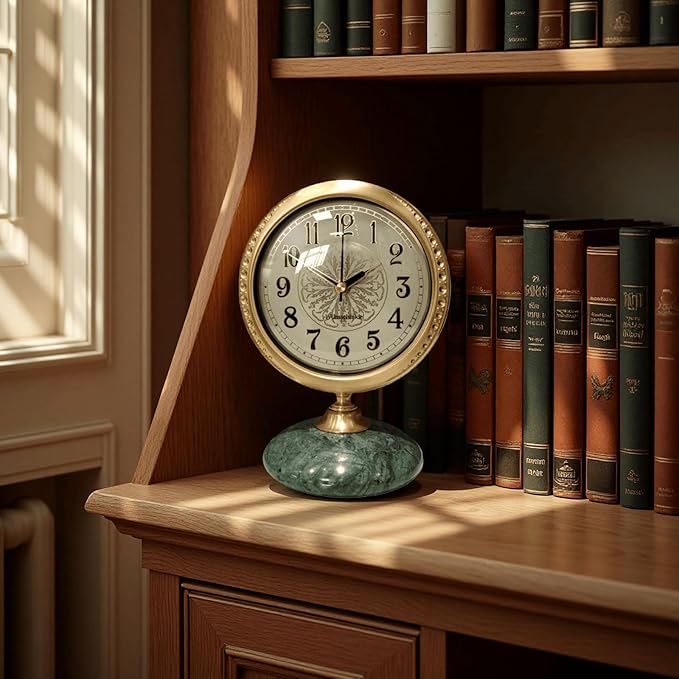 Vintage Mantel & Modern Brass Desk/Shelf Clock, Silent Non-Ticking Analog Roman Numerals, Marble Base, Home/Tabletop Decoration for Shelf, Table, Mantel, Bedside, Home Office, Living Room, Bedroom