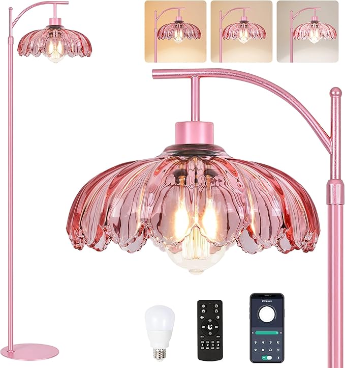 Pink Floor Lamp for Living Room,Bedroom,Glass Dimmable Standing Lamp with Remote,Gold Mid Century Modern Brass Tall Lamp Boho Floor Lamps Arc Stained Flower Floor Light Lamp Girls kids Bohemian