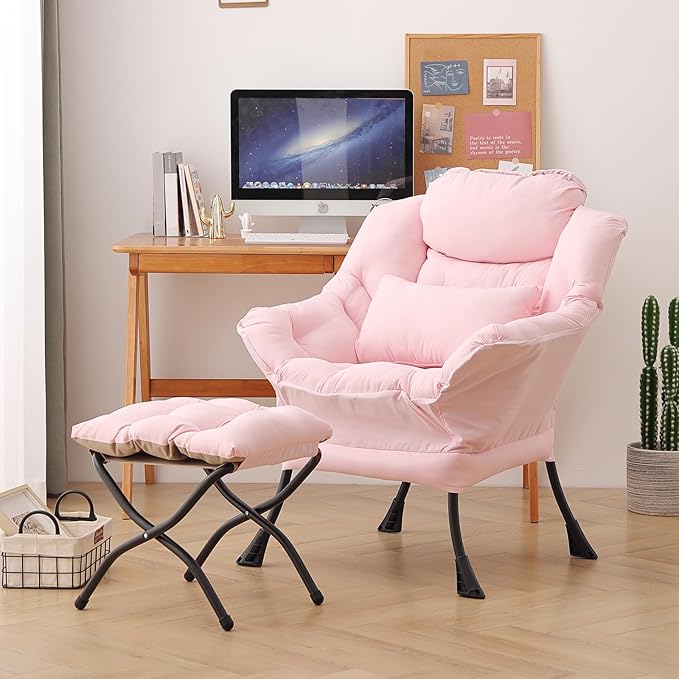Lazy Chair with Ottoman, Modern Accent Chair with Lumbar Pillow, Pink Sofa, Lounge Chairs with Folding Footrest, Oversized Supportive Chairs for Bedroom, Reading