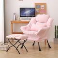 Lazy Chair with Ottoman, Modern Accent Chair with Lumbar Pillow, Pink Sofa, Lounge Chairs with Folding Footrest, Oversized Supportive Chairs for Bedroom, Reading