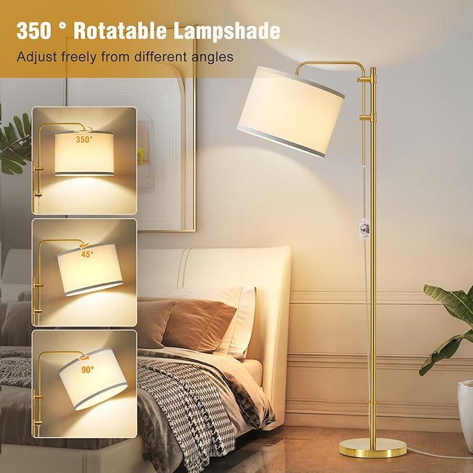 GyroVu Floor Lamp for Living Room, Adjustable Height Standing Lamps with 350° Rotate White Lampshade, 67.5-Inch Modern Tall Lamp Dimmable Floor Lamps for Corner Bedroom Home Office (Bulb Included)