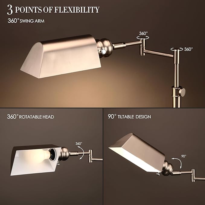O’Bright Arcadia - Pharmacy Floor Lamp, Full Range Dimming, Swing Arm Task Lamp, E26 Socket, Bulb Replaceable, Adjustable Height 47” to 55”, 360° Rotatable Shade, All-Metal Design, Brushed Nickel