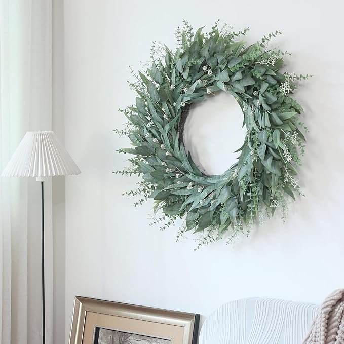32" Eucalyptus Wreath for Front Door - Large Artificial Greenery Outdoor Wreath for Porch, Window,Farmhouse,Home,Holiday,Hanging Decor- Spring, Summer, Fall, All Seasons (Green)