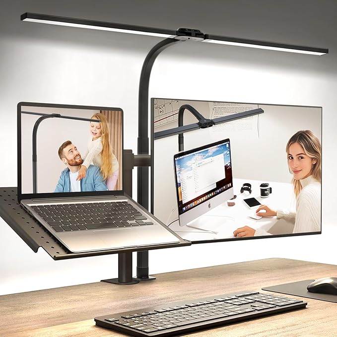 LED Desk Lamp for Home Office, Eye-Caring Desk Light with Clamp, Stepless Dimming 24W Double Head Architect Task Lamp with Remote Control, Flexible Arm, for Working, Studying, Reading, Drafting