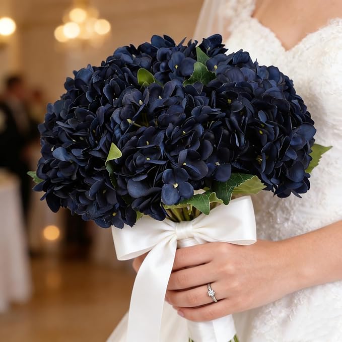 Kimura's Cabin 6pcs Navy Blue Artificial Silk Hydrangea Flowers Fake Hydrangeas with Stems Hydrangeas Bouquet for Wedding Home Halloween Party DIY Dining Table Decoration（Navy Blue）