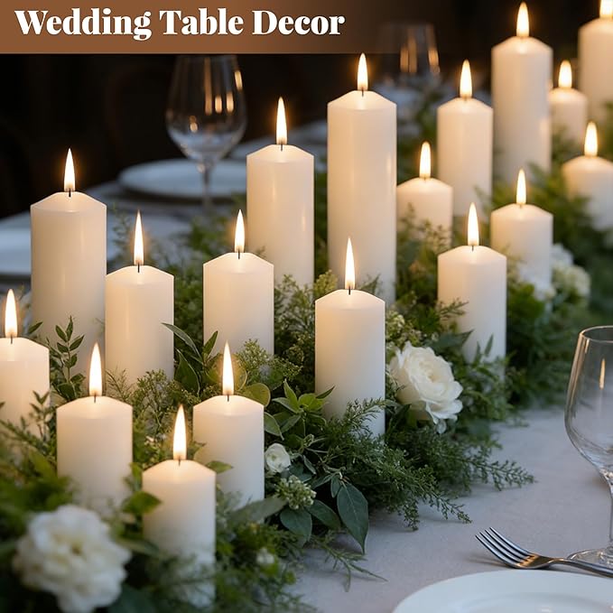 Pillar Candles Bulk Set - Unscented, Smokeless, Dripless | 3 Sizes: 2x3, 2x6, 2x8 Inches | Ideal for Weddings, Christmas & Home Decor (72, Ivory White)