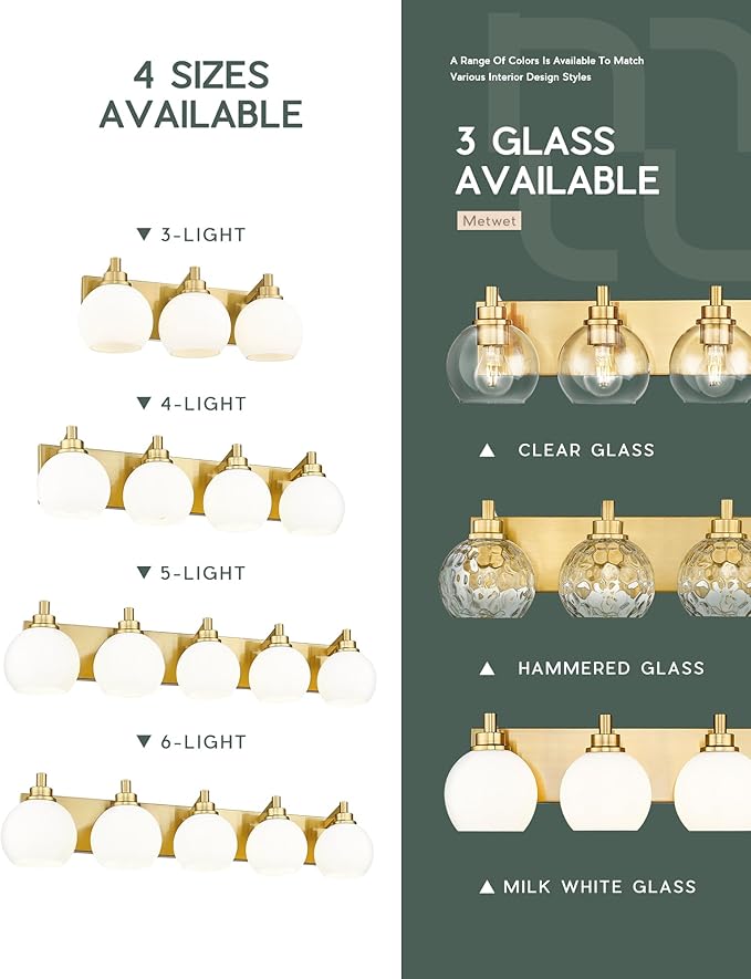 Bathroom Light Fixtures, 6-Light Brushed Gold Bathroom Vanity Lights Over Mirror with Globe Milk White Glass Shade, 38 Inch Modern Vanity Lighting Fixtures, VL195-BG-ML-6